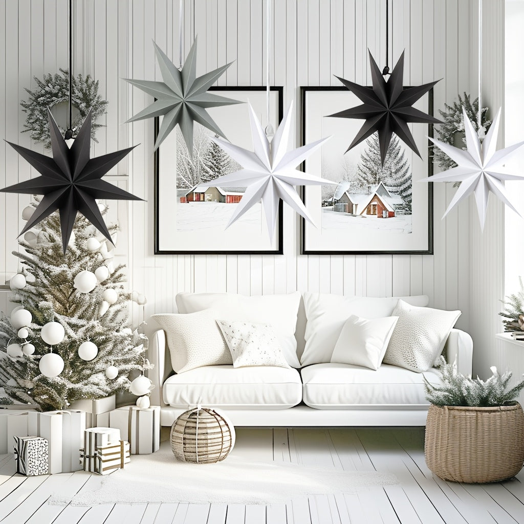 3 black, grey, and white 3D paper star lanterns, each measuring 30.48cm, ideal for Christmas and Xmas party decorations indoors.