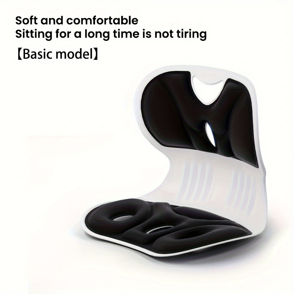 Portable black chair cushion with ergonomic lumbar support and openwork handle design for buttocks comfort. Spot-clean care.