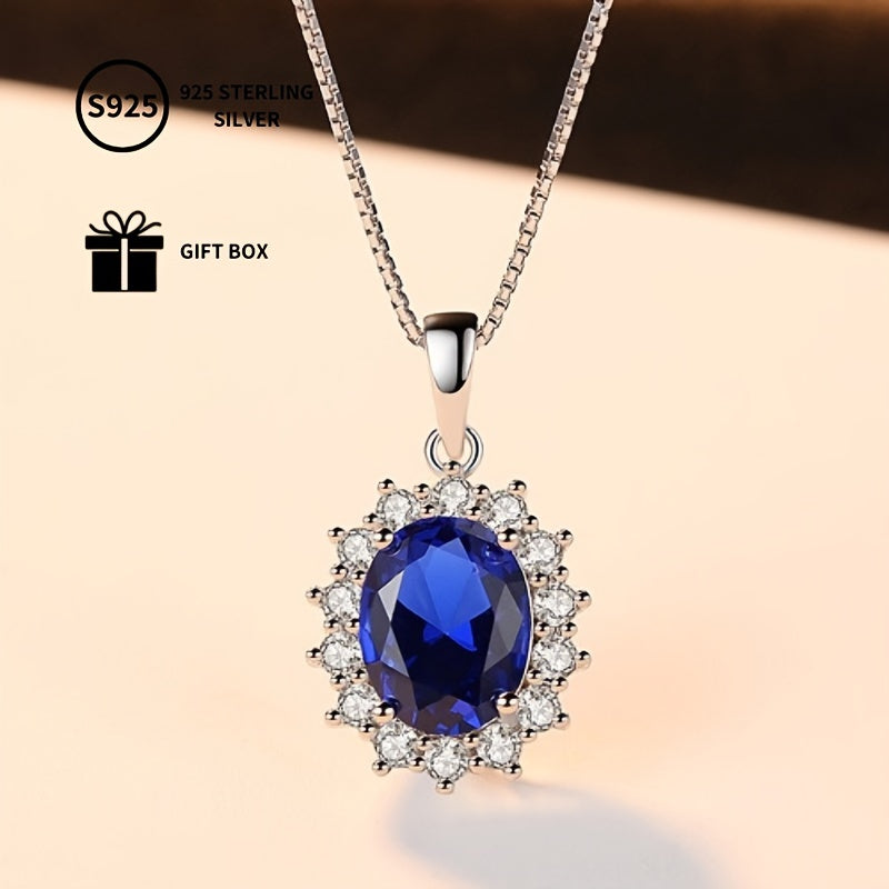 Give the gift of elegance with this stunning 925 Sterling Silver Necklace featuring a Synthetic Sapphire Pendant in a luxurious Royal Style. The Elegant Oval Halo Design makes it perfect for any occasion, whether it be a party, Christmas holiday, or