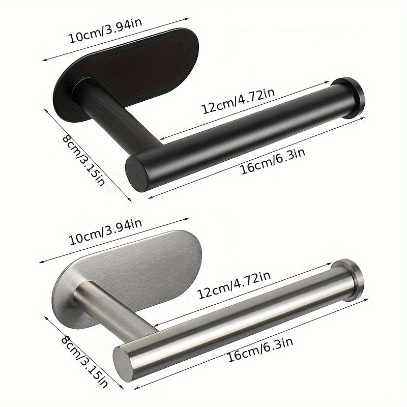 Stainless steel self-adhesive toilet paper holder.