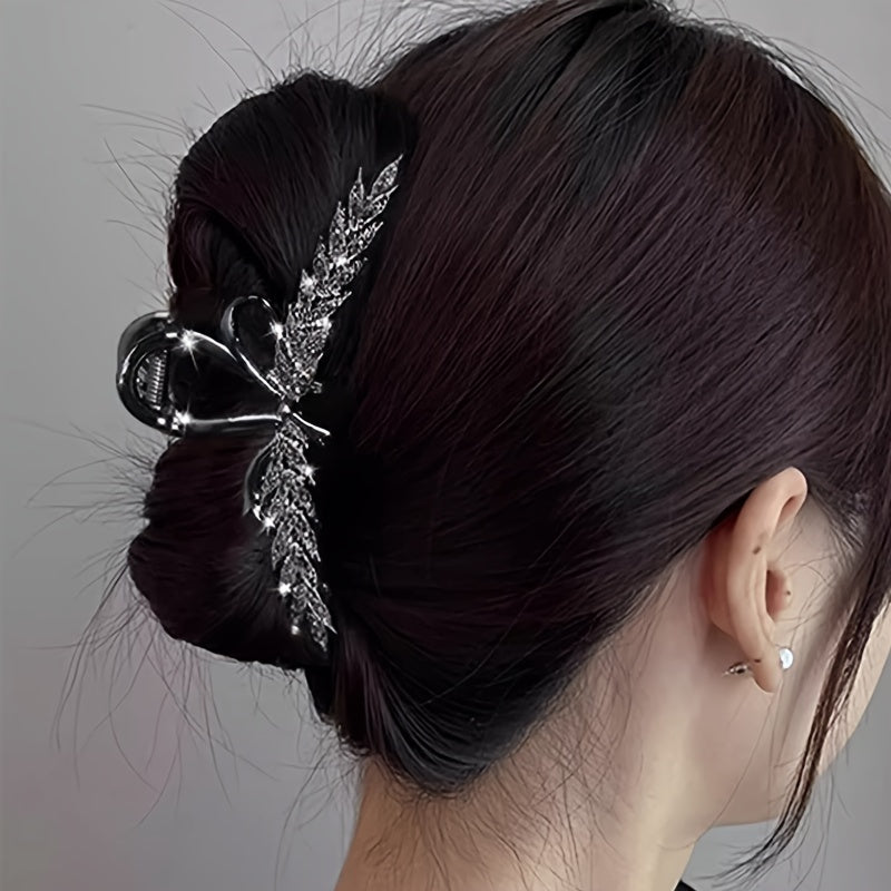 Elegant gray bow hairpin with rhinestone wheat ear design