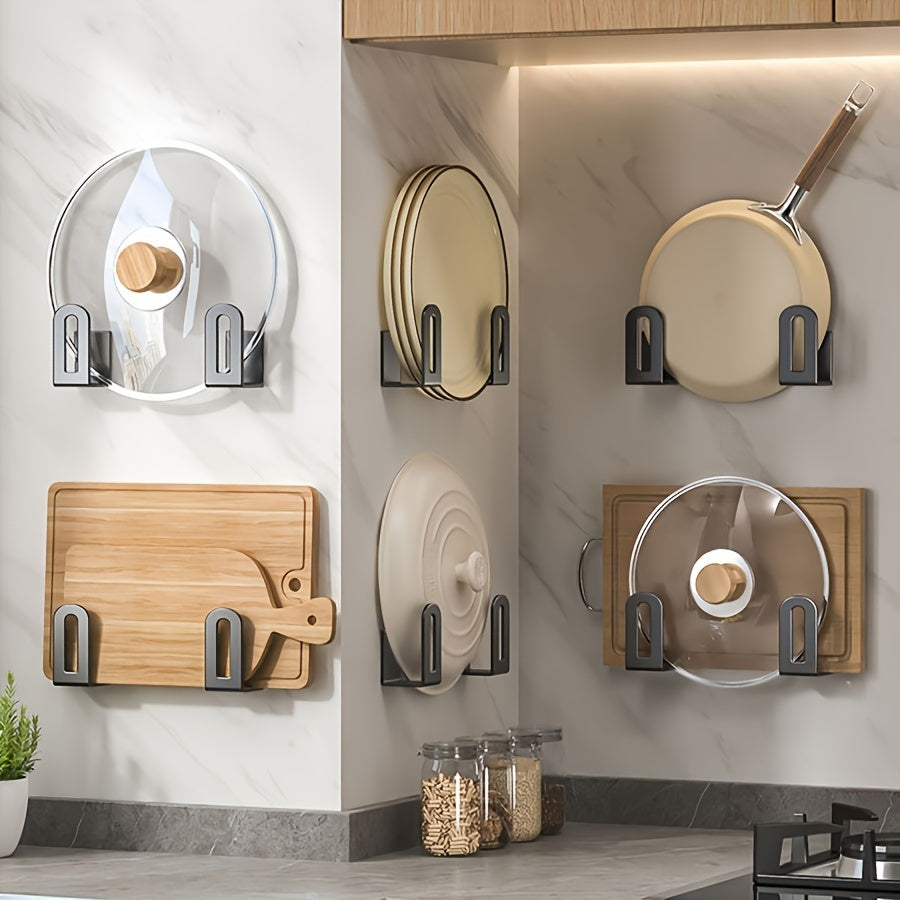 Two pieces of wall-mounted kitchen organizer that are easy to install - can hold pot lids and chopping boards, with a multi-functional design. This iron storage rack requires no drilling and is perfect for home use.