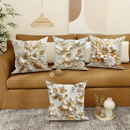 4 velvet throw pillow covers with 3D floral design in white gilt, measuring 45.72*45.72 cm, perfect for summer and autumn living room or bedroom sofa bed decoration.