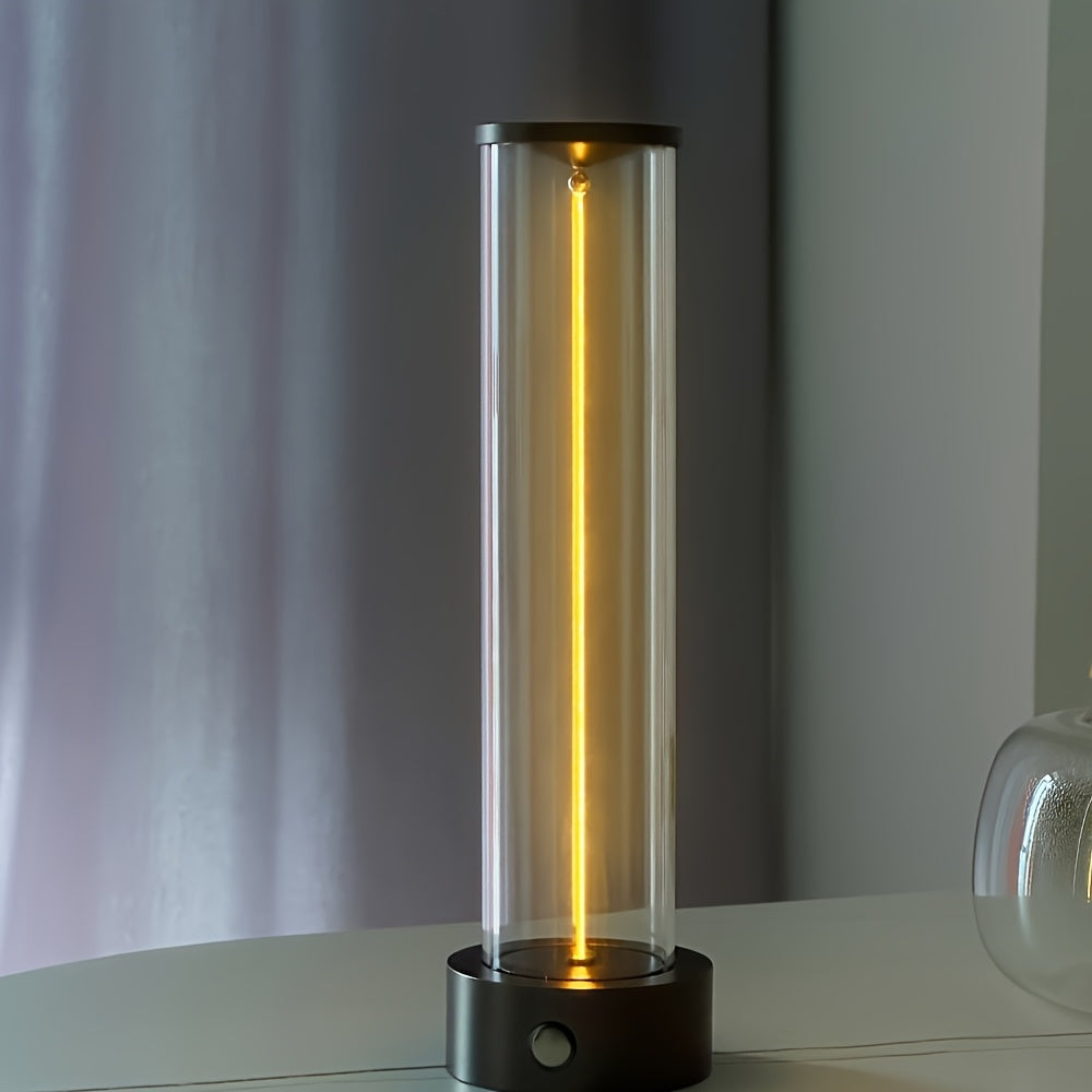 Modern LED desk lamp with touch control and rechargeable USB cordless design, featuring a dimmable light, metal base, and adjustable lighting for indoor use.