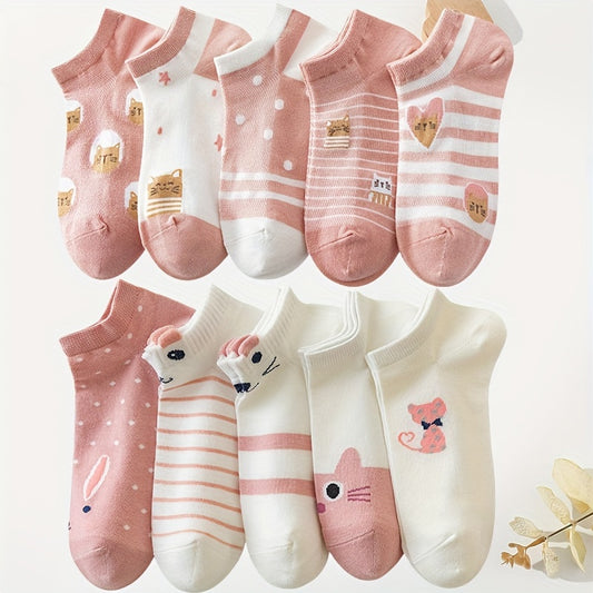 10 pairs of cute, comfy, and breathable cat pattern sports socks for women.