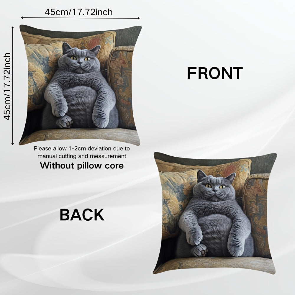 One British Shorthair Cat Sofa Throw Pillow Cover made of woven polyester. This soft and zippered cover is washable and features a single-sided print. Perfect for the 14+ age group, this decorative cushion case is designed for use in the living room and