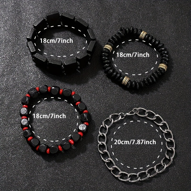 Set of 5, Men's Red Black Fashion Quartz PU Leather Watch and Bead Bracelet Set, Perfect Gift for Him.