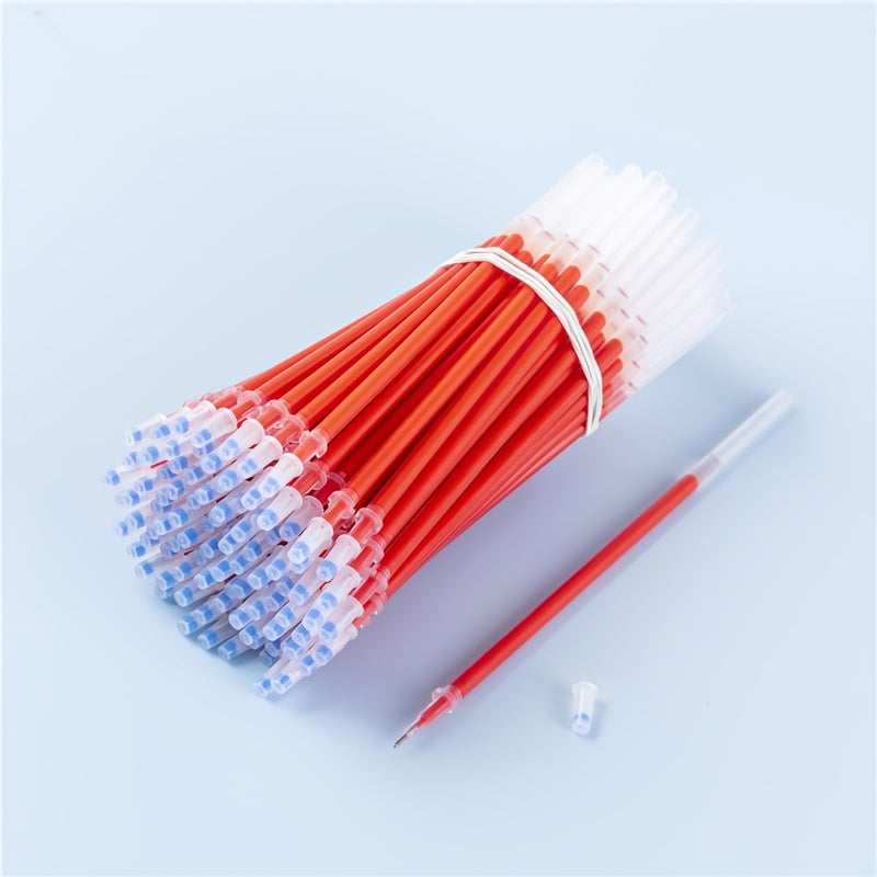 50 gel pen refills, 0.5mm fine tip in red, blue, and black. Ideal for office and school, smooth writing.