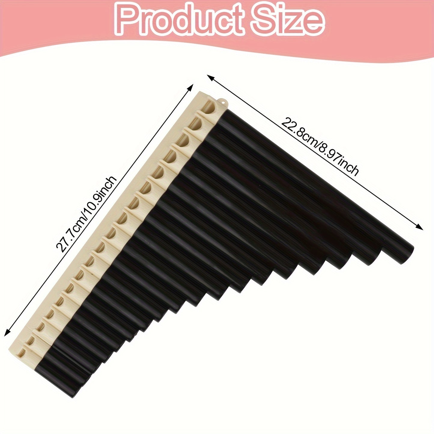 Black ABS pan flute with 18 tubes, classic style, includes carrying bag. Easy to play, portable, comfortable grip, smooth mouthpiece. Ideal for performance, teaching, and practice.