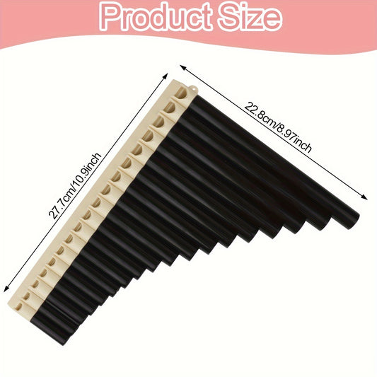 Black ABS pan flute with 18 tubes, classic style, includes carrying bag. Easy to play, portable, comfortable grip, smooth mouthpiece. Ideal for performance, teaching, and practice.