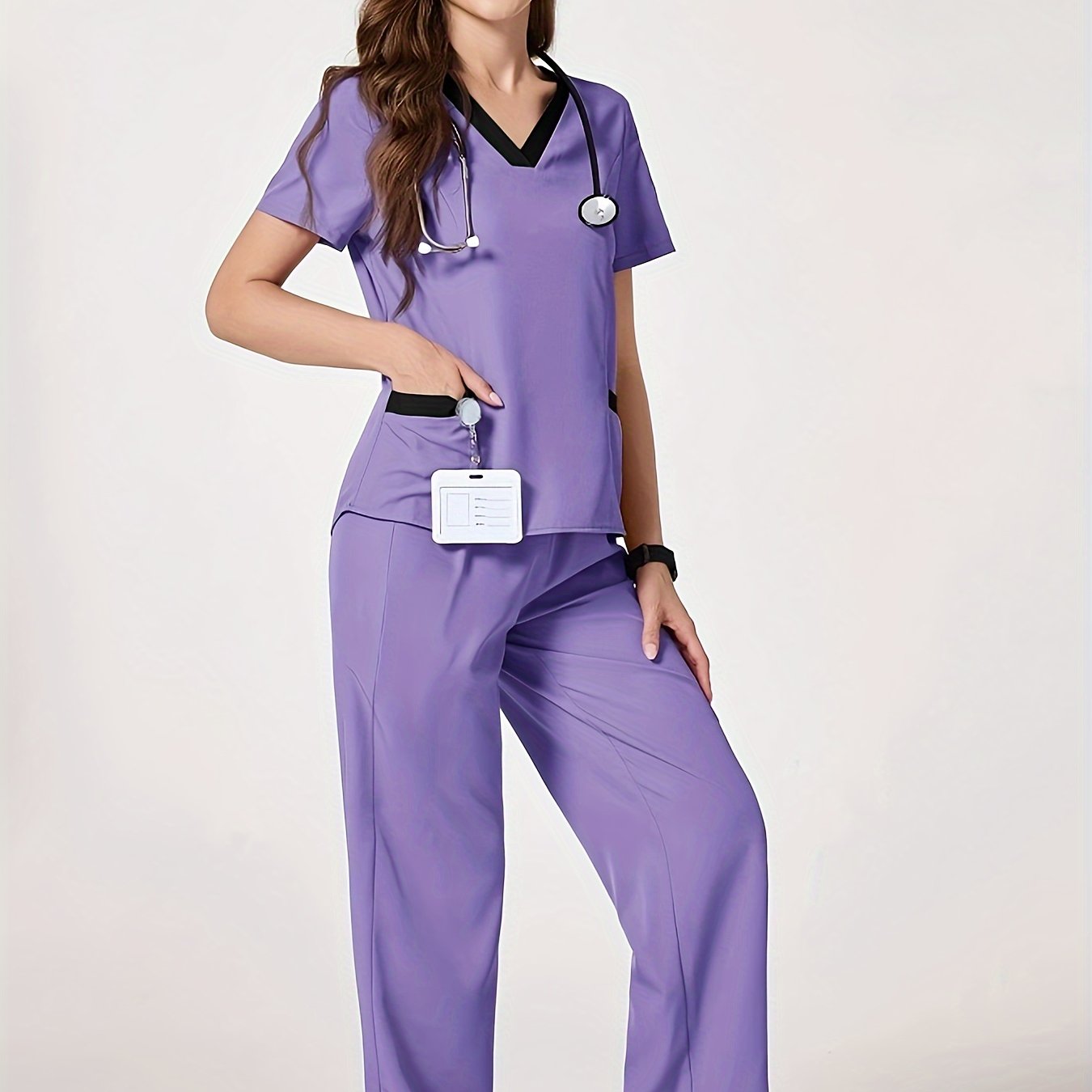 One set of men's and women's medical scrubs made from 100% polyester. Includes V-neck top and pants in a solid color, suitable for doctors, nurses, and dentists. Can be worn in all seasons.