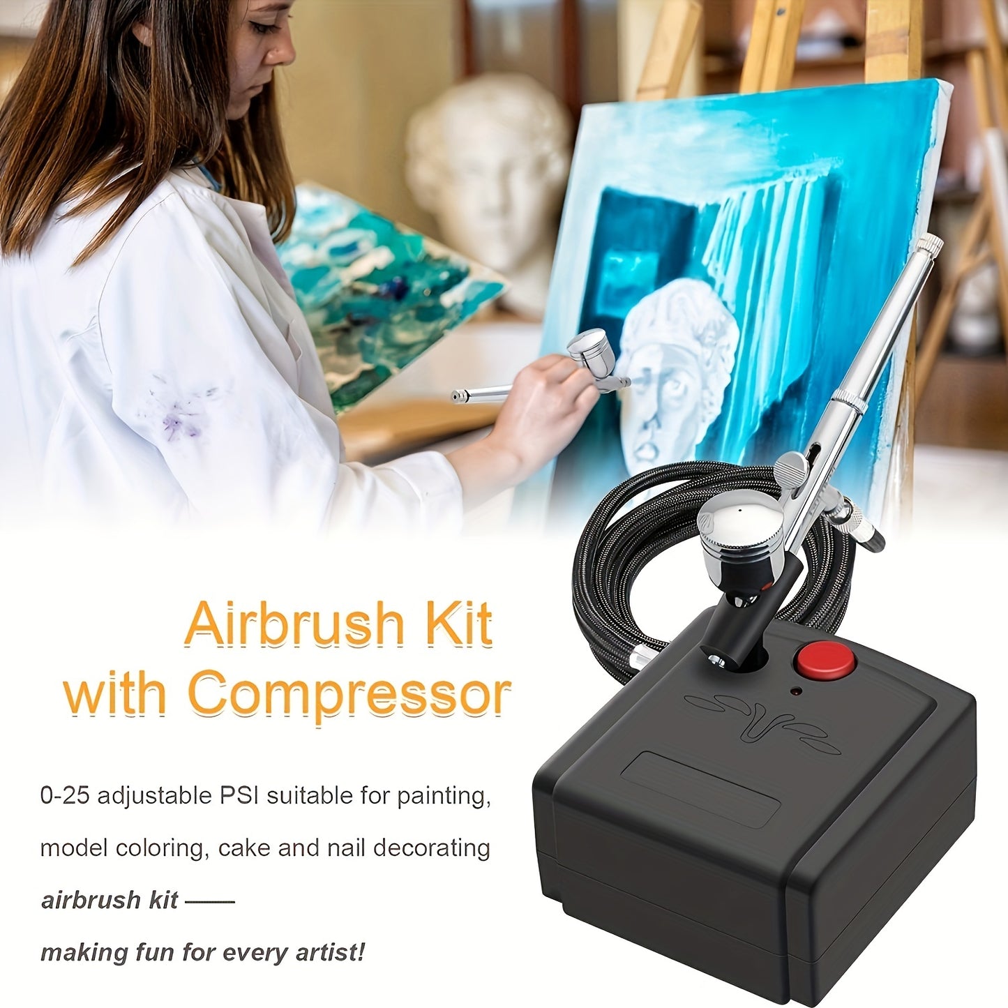 Portable mini airbrush kit with compressor, dual-action gravity feed brushes and European standard plug for hobby, craft, cake decorating, and tattoo applications. Plastic material, no