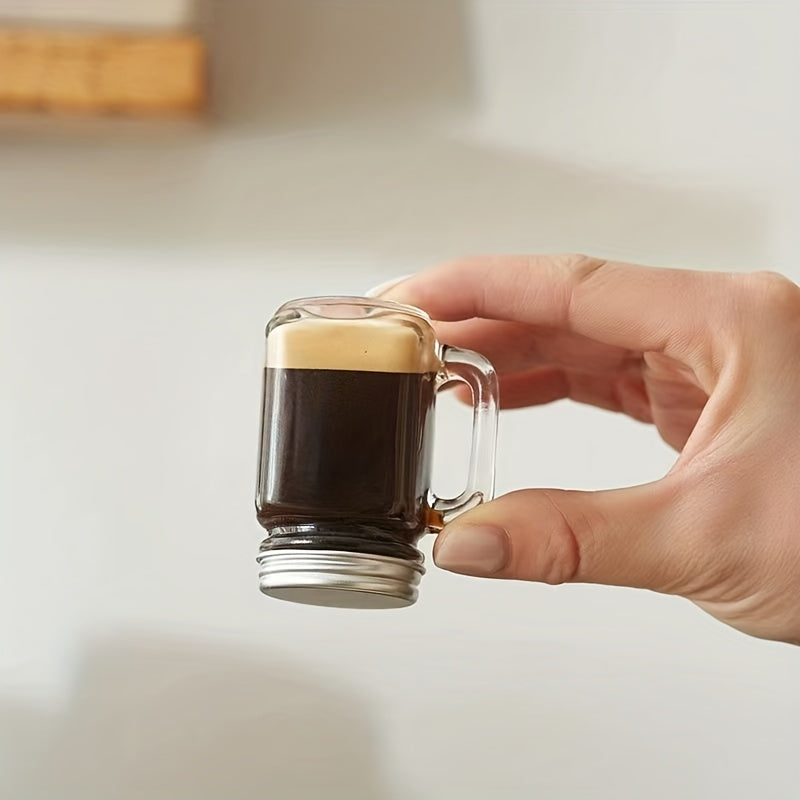 Mini Mason jar shot glass with lid, leakproof glass, ideal for home, parties, and bars. Perfect for beverages such as coffee, milk, juice, honey, and jam. Hand wash only.