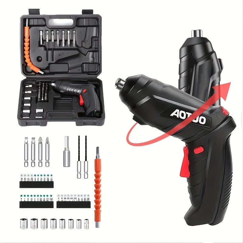 47-piece portable electric screwdriver set with USB charging, 90° folding hand drill, reverse rotation, and lithium battery for home DIY repair.