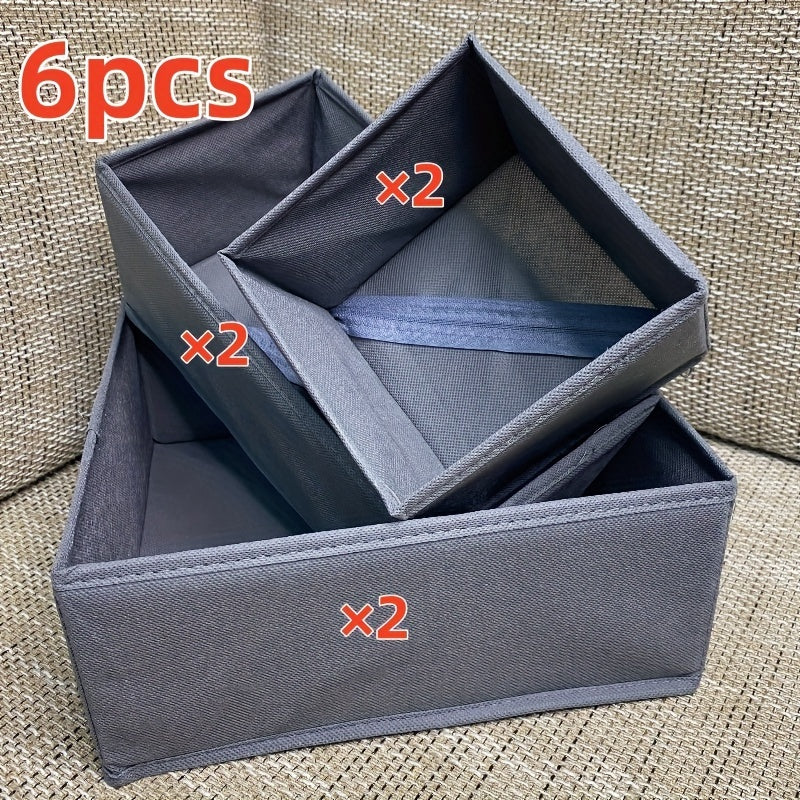 Set of 3 or 6 Classic Style Folding Storage Organizers. These rectangular multi-purpose closet organizer bins are ideal for storing clothes and accessories. They are non-waterproof drawer boxes that do not have lids, perfect for under-bed storage.