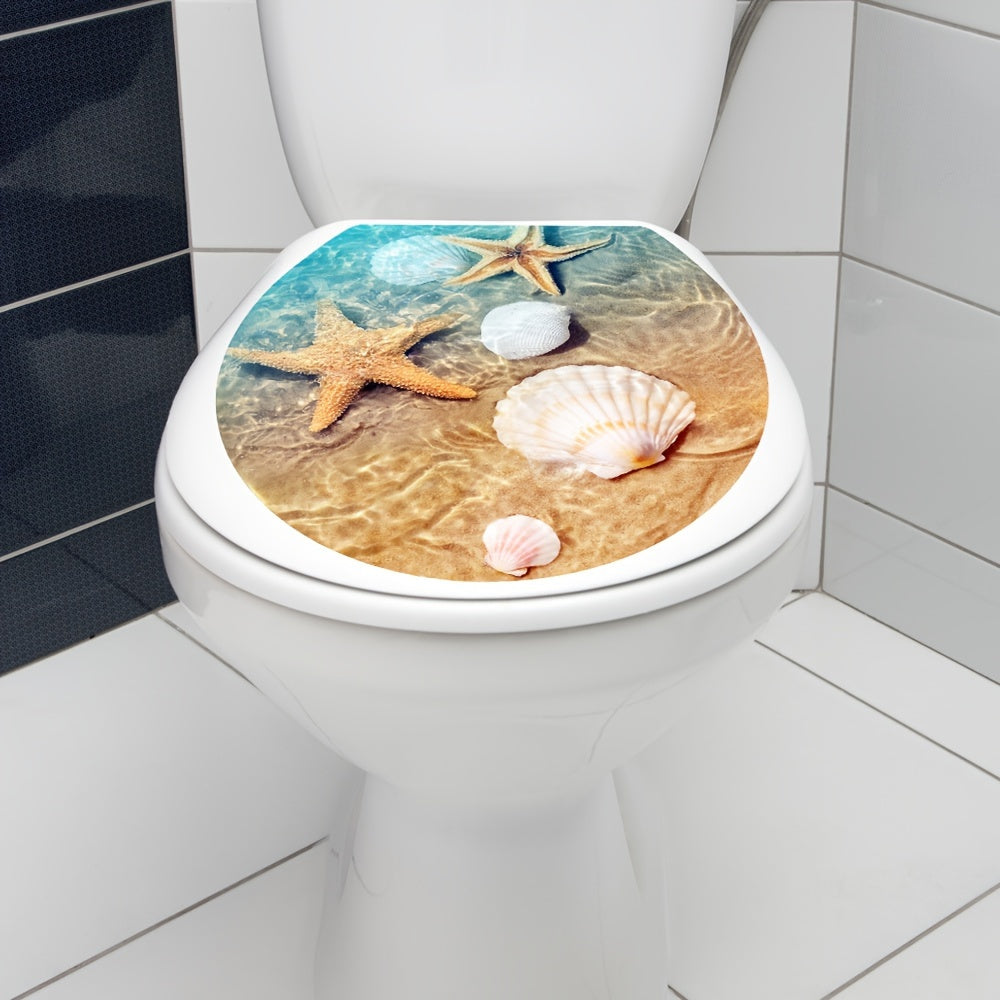 Ocean Beach Seashell Toilet Lid Cover Sticker, 39.88x34.8cm, for Sea Life Bathroom Decor, Self-Adhesive Waterproof Decal