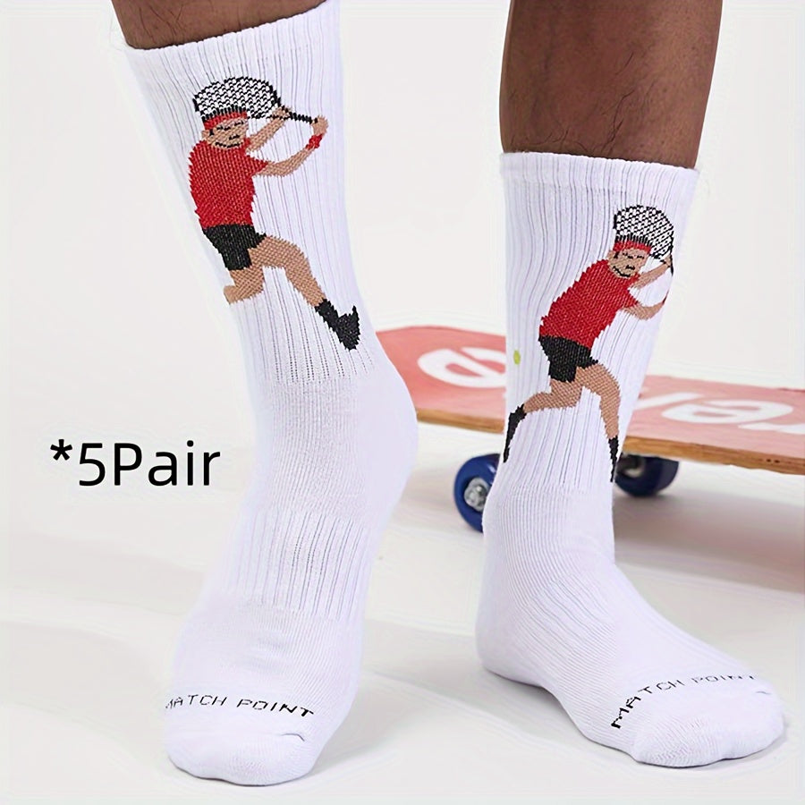 Men's tennis sports socks in cotton blend knit fabric with cartoon print. Suitable for football, tennis, fitness in all seasons. Unisex couple socks in European and Japanese style. Hand