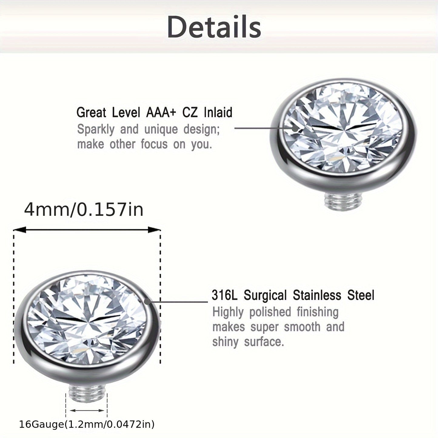 Set of 15 cubic zirconia dermal anchor tops and 4 stainless steel bases, perfect for both women and men. Made with 316L internally threaded 14G microdermals piercing jewelry, this set features a zircon mosaic design with no plating. Ideal for daily wear