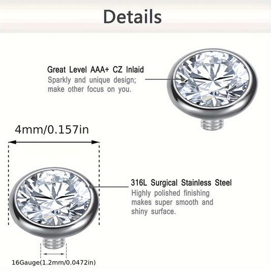 Set of 15 cubic zirconia dermal anchor tops and 4 stainless steel bases, perfect for both women and men. Made with 316L internally threaded 14G microdermals piercing jewelry, this set features a zircon mosaic design with no plating. Ideal for daily wear