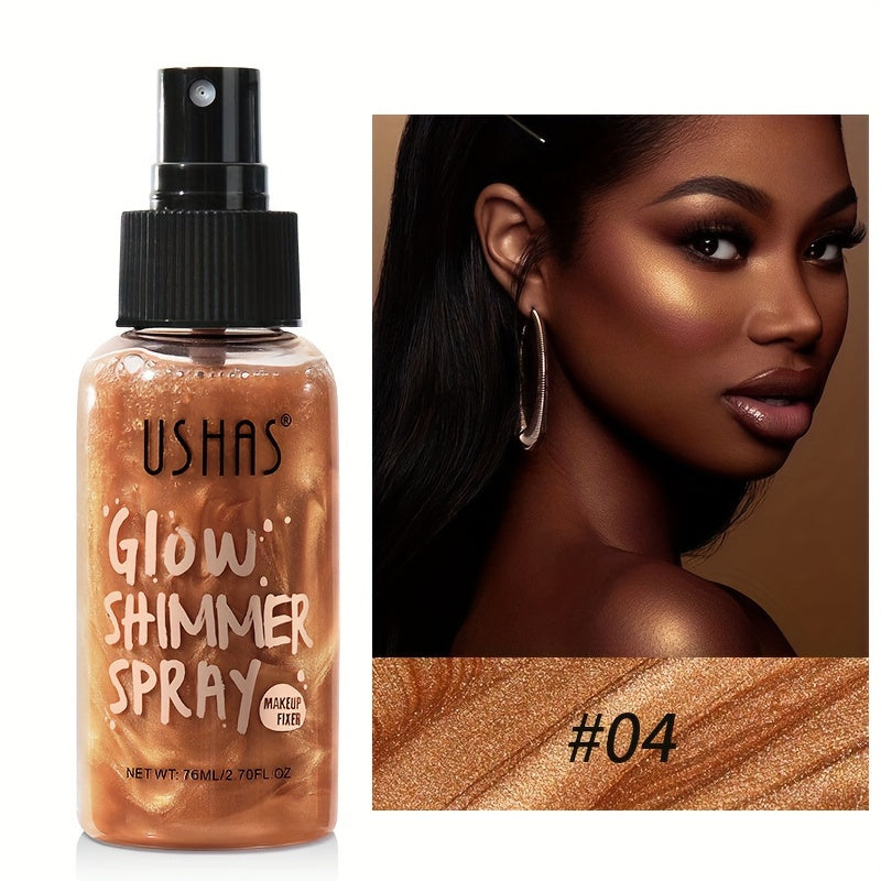 Glow Shimmer Spray: Waterproof liquid highlighter for face and body, provides long-lasting radiance. Easy application with spray nozzle, perfect for music festivals.