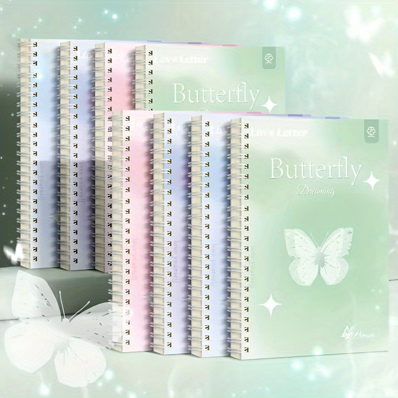 Set of 4 A5 butterfly dream coil notebooks with wide ruled spiral design, durable high-quality paper, lay-flat 360° design, cute and stylish for writing and notes.