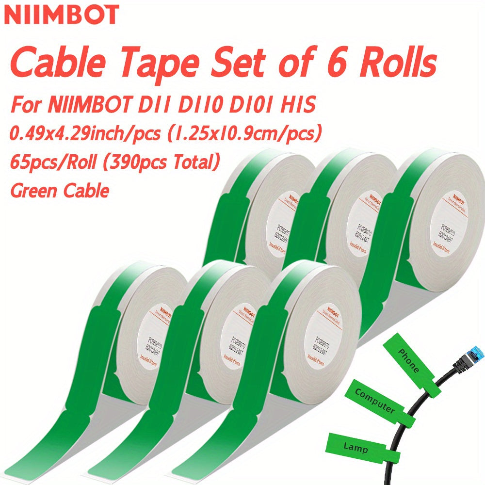 High-quality 6-piece NIIMBOT Thermal Label Tape Set for D11, D110, D101, H1S Printers. Features 1.19x10.9cm white labels with automatic identification chip. Ideal for home, school, office