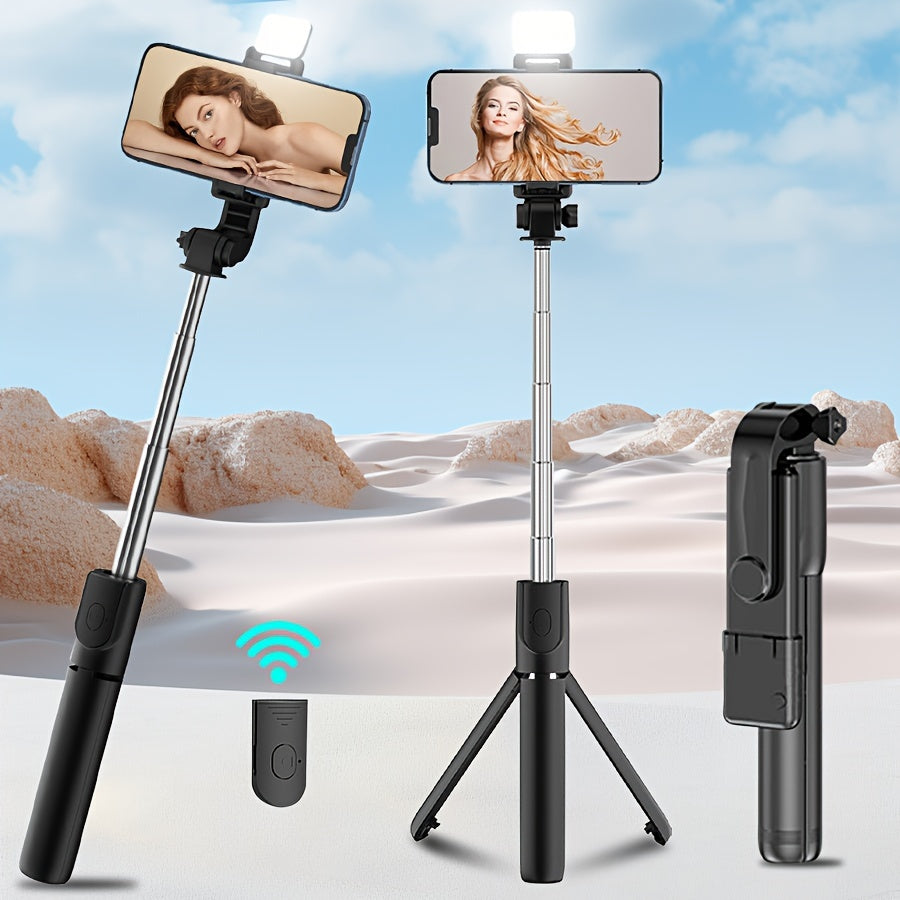 Automated selfie stick with wireless phone holder that doubles as a tripod for live streaming and photography. Great for both indoor and outdoor use.