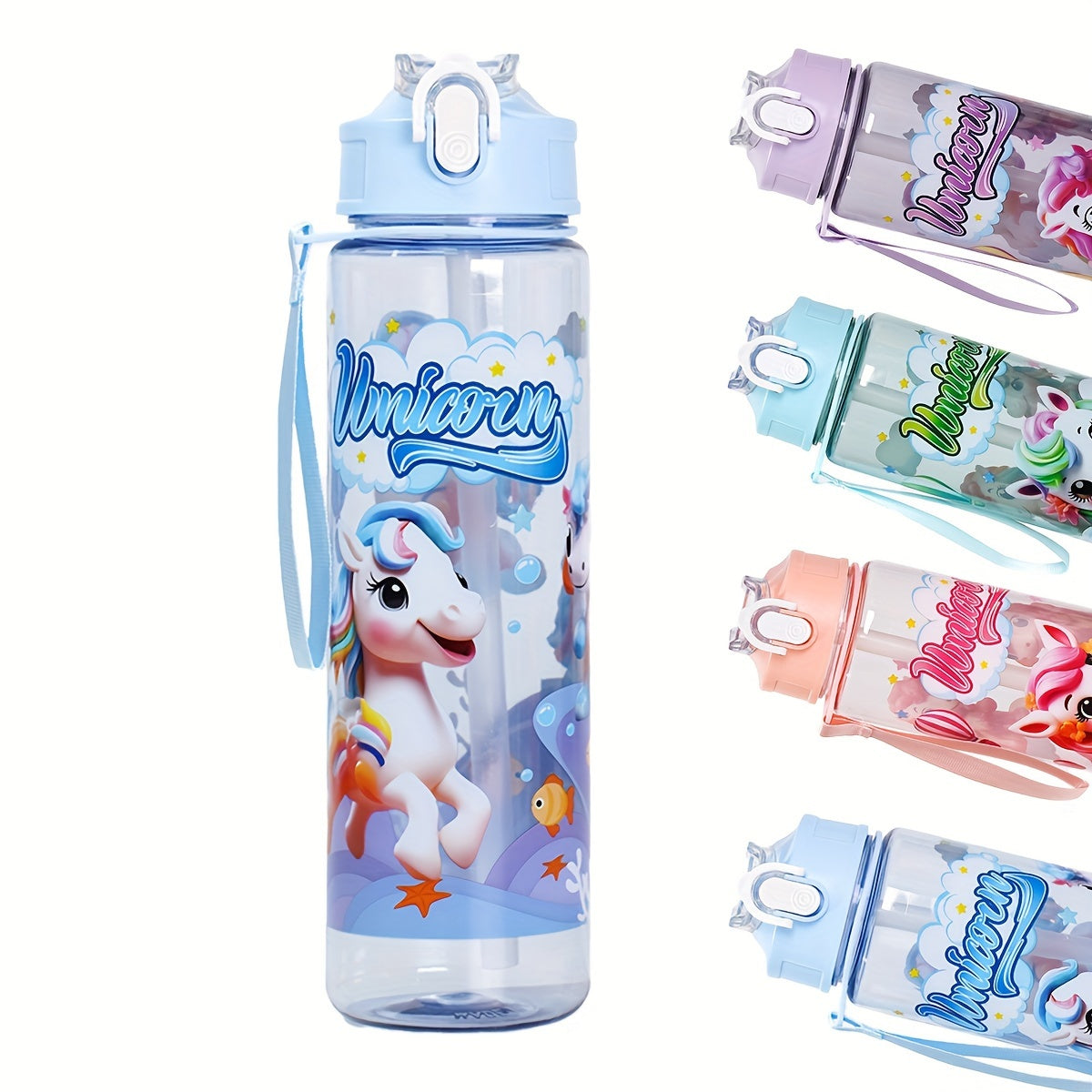 Pony-themed 25oz leakproof water bottle with straw is ideal for camping, travel, and fitness. Durable plastic, PVC-free, perfect for Christmas and Halloween. Hand wash only.