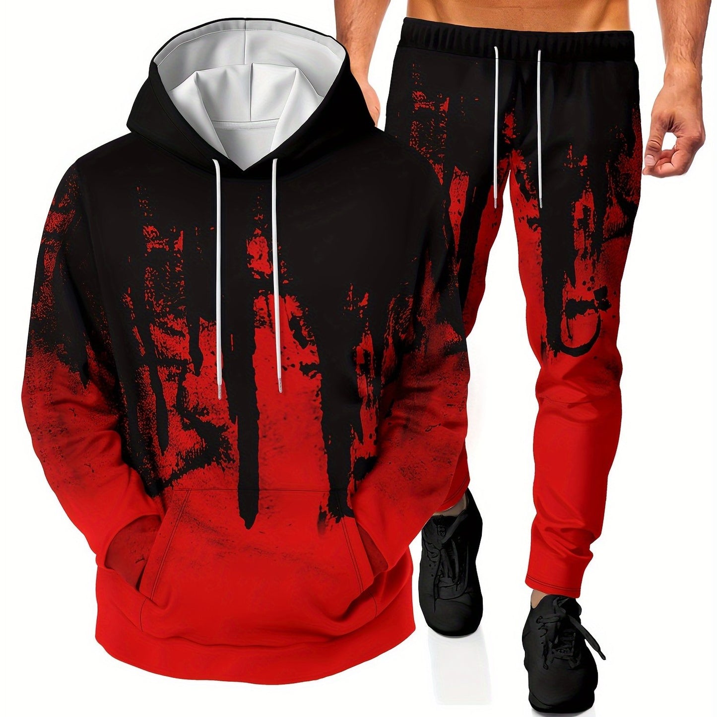 Men's casual hoodies and drawstring pants set featuring 3D graphic print, Men's novelty pajamas loungewear set.