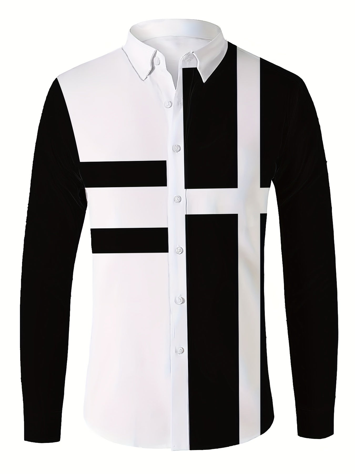 Men's casual golf shirt in black and white 3D print, polyester woven fabric, regular fit, lapel collar, long sleeve, suitable for spring/fall season, available in plus size.