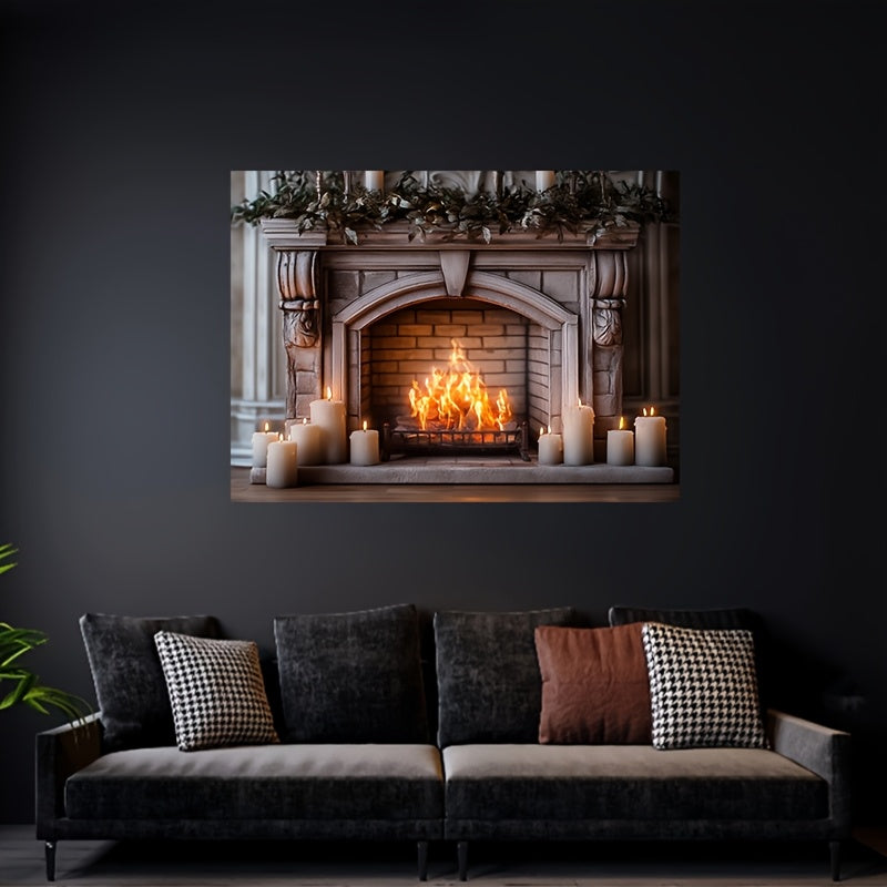 An authentic and inviting fireplace, complete with a backdrop of crackling firewood, perfect for enhancing living spaces, bedrooms, offices, party settings, and as a one-of-a-kind gift option.