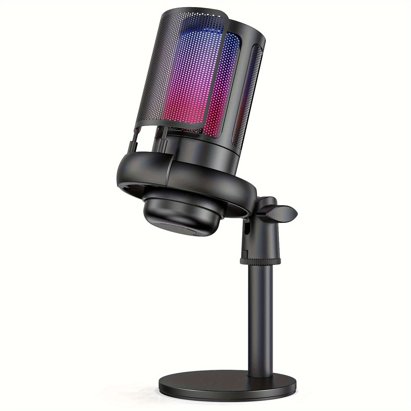 Professional USB condenser microphone with RGB lighting suitable for gaming, streaming, recording, and karaoke on PC, Mac, and various gaming consoles and phones.