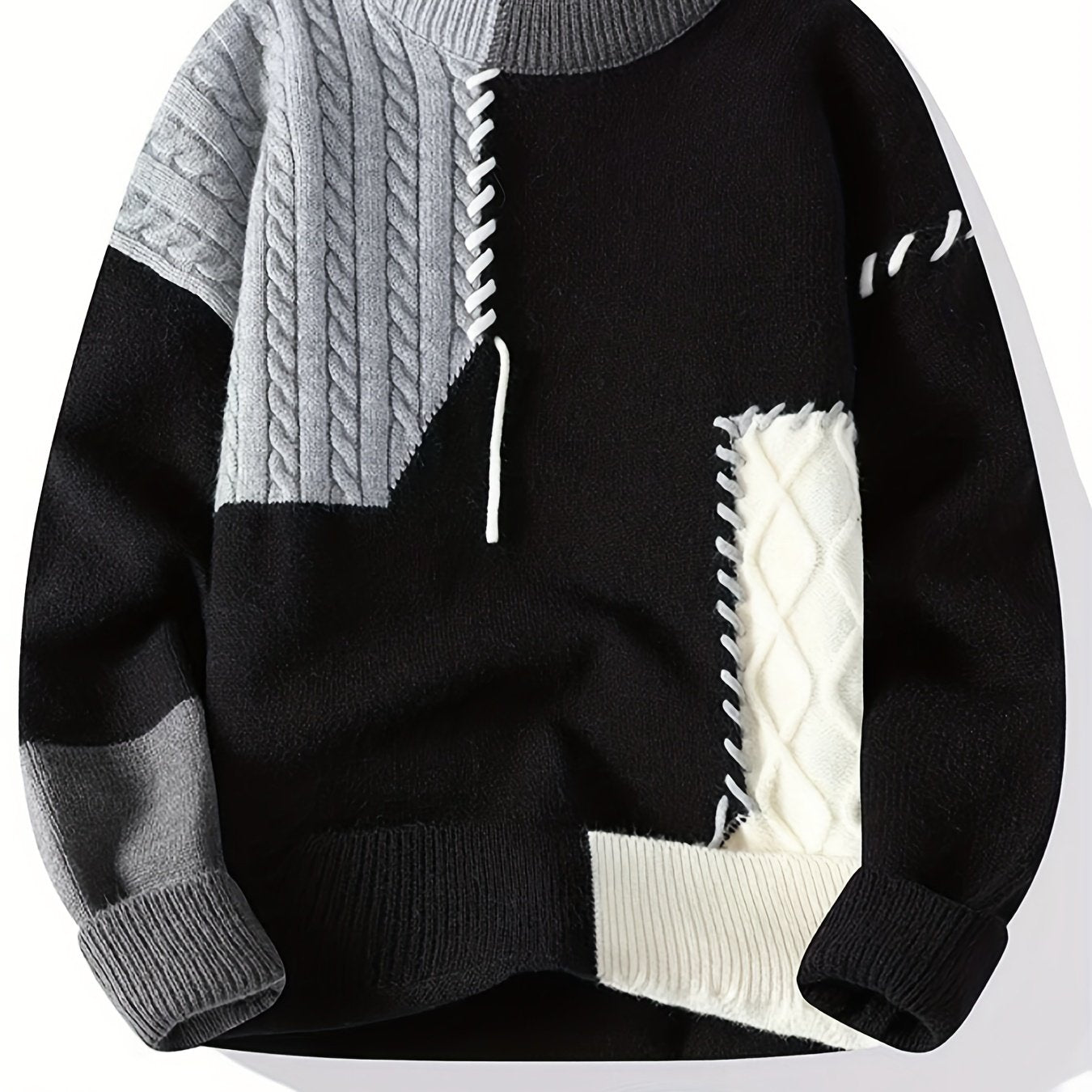 Men's Color-Block Cable Knit Sweater - Soft, Relaxed Fit for Autumn/Winter Comfort