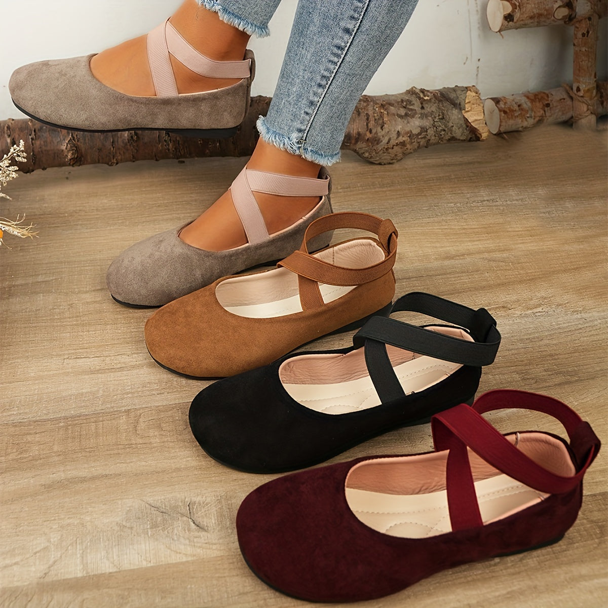 Women's casual ballet flats with ankle strap, lightweight fabric upper, and faux sole for all-season comfort