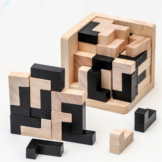 Wooden Brain Teaser Puzzle Cube with 54 Pieces, Educational L-Shaped Jigsaw Logic Puzzle Toy made of Wood