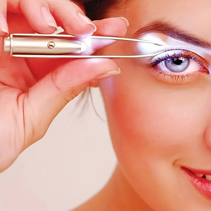 LED light stainless steel eyebrow tweezer with non-rechargeable battery-powered precision grooming tool.