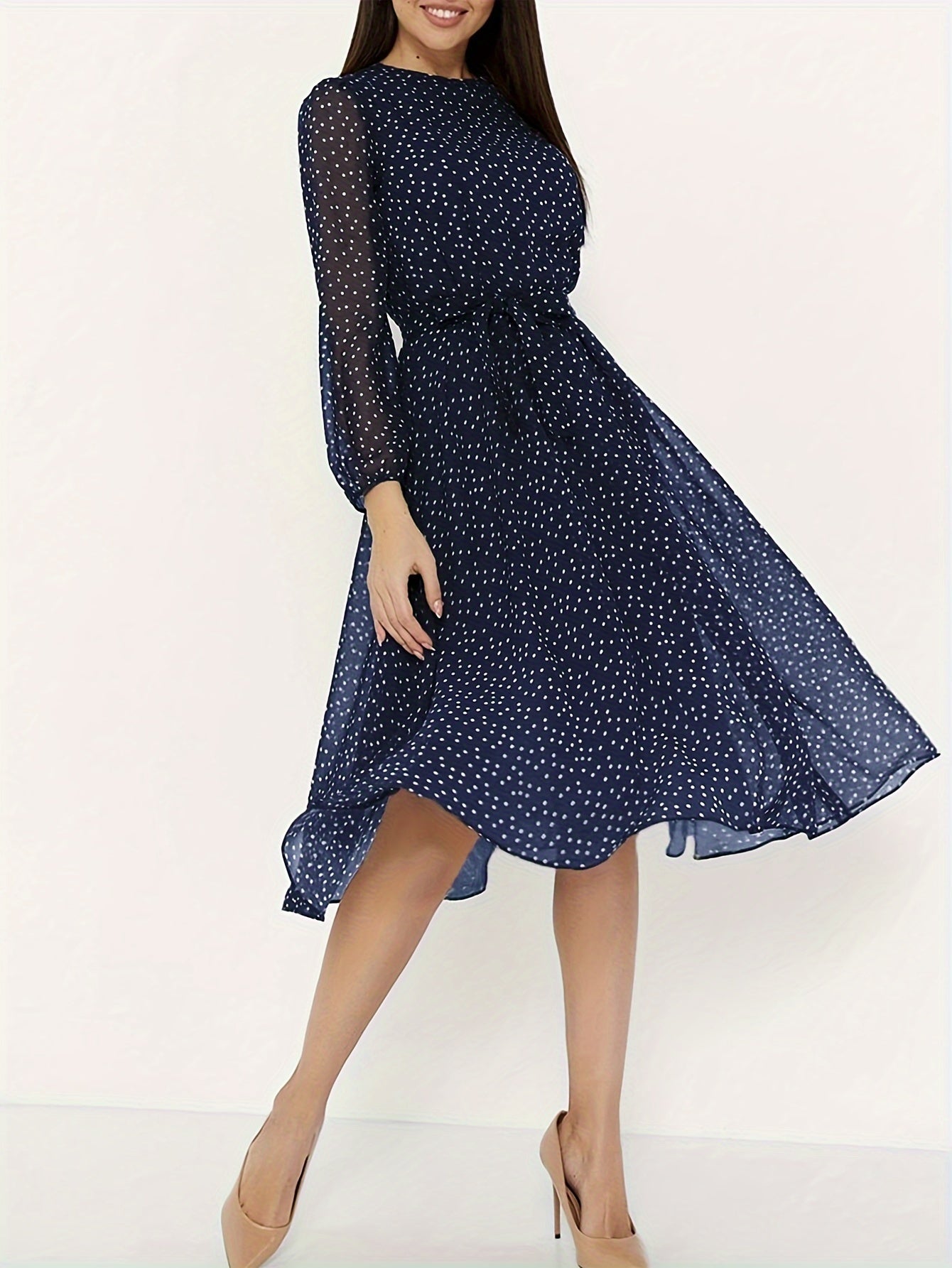 Stylish Polka Dot A-Line Dress with Tie Waist - Versatile for Spring/Summer/Fall