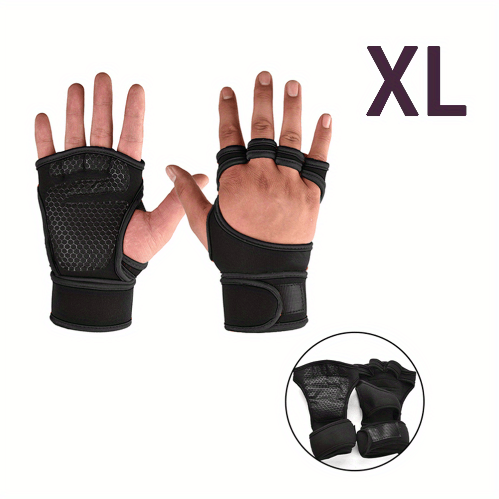 Half finger gym gloves with adjustable wrist support, ideal for pull-ups, barbell lifting and weightlifting. Made of breathable polyester fabric with hook-and-loop fastener closure in