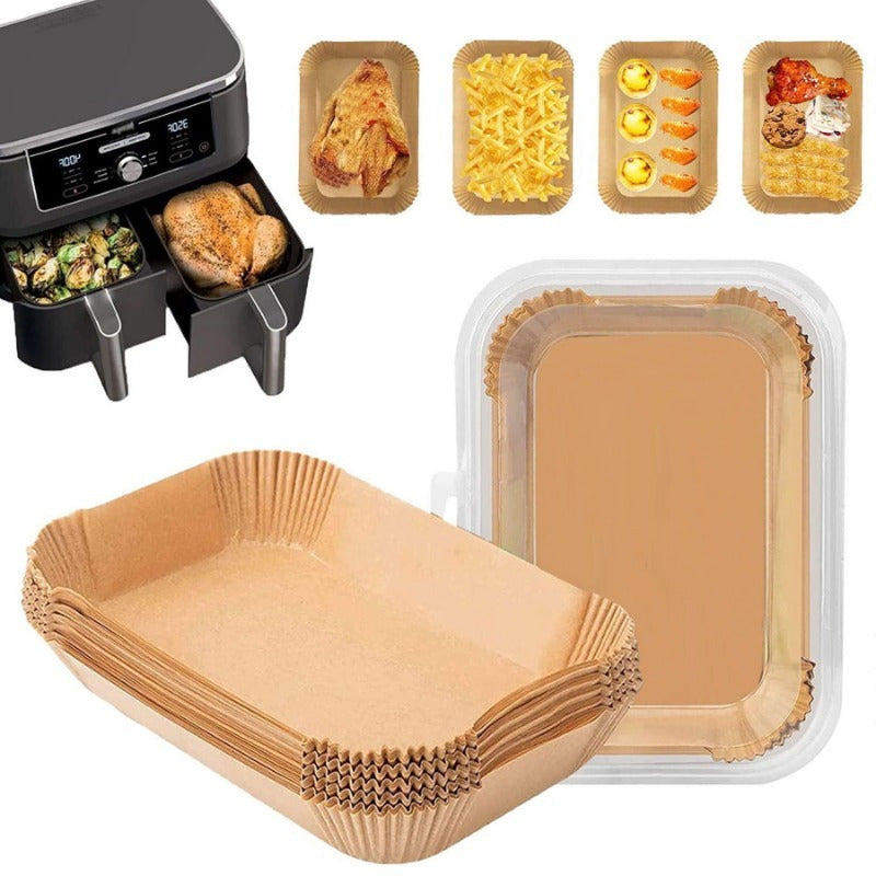 Nonstick Air Fryer Liner Set - Includes 100 pieces of 200 square paper trays. These high-temperature oilproof liners are food contact safe and require no electricity. Perfect for baking and cooking, they feature an oil dot drip paper pad for easy cleanup.