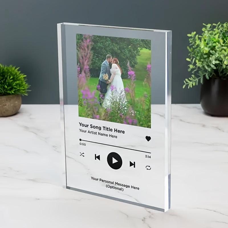 Personalize your space with a Customizable Acrylic Photo Plaque featuring your favorite song album and music selections. This unique display piece is perfect for adding a personal touch to your bedroom decor and makes an ideal memory and Valentine's Day