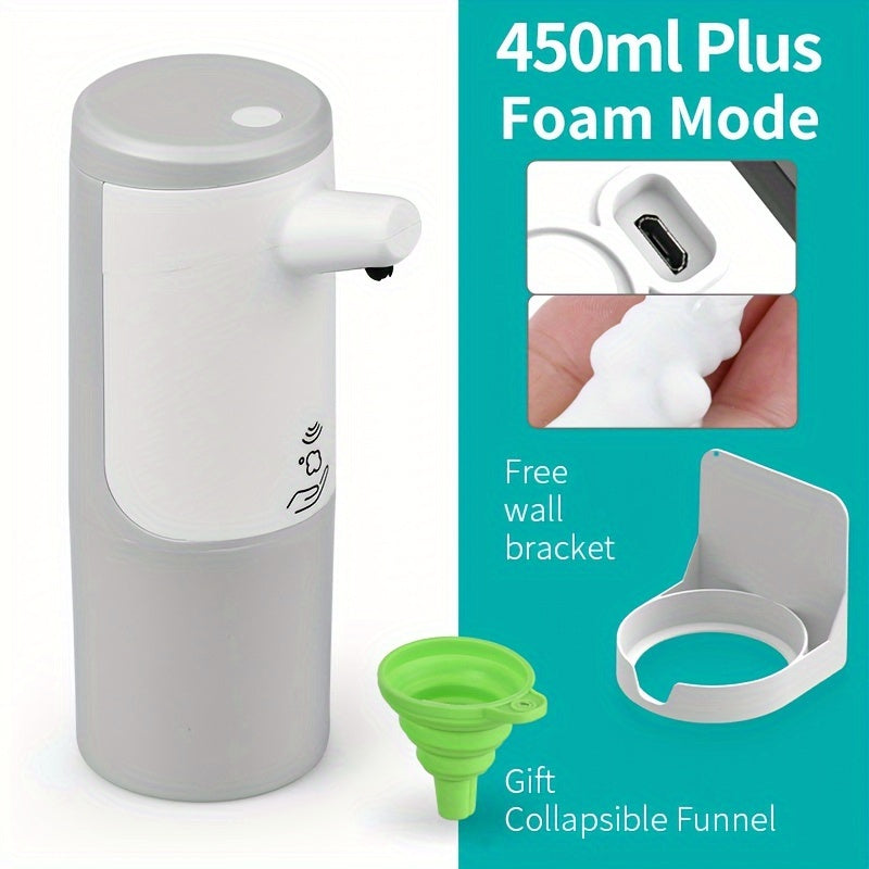 Touch-free soap dispenser with a 450ml capacity and 3-mode infrared sensor. This USB-C rechargeable dispenser is suitable for use in the bathroom, kitchen, or with hand sanitizer and dish soap. Made from plastic material and not intended for use with