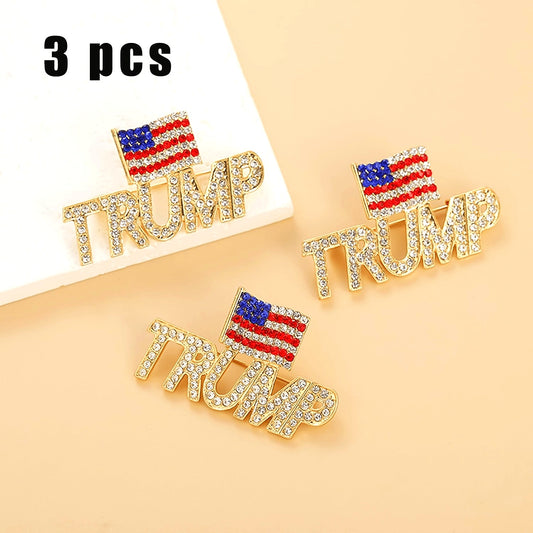 Set of 3 Trump Crystal Pins Featuring American Flag Design - Brand New, Retro-Inspired, Unique Shape - Made of Alloy - Ideal for Collecting 2024 US Presidential Election Keepsakes