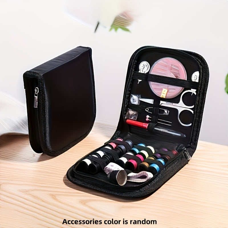 Compact black travel sewing kit with threads, needles, scissors, and accessories for quick repairs and DIY projects. Perfect for holidays.