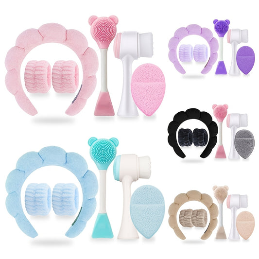 6-piece hypoallergenic silicone facial care set includes deep cleansing spa mask brush kit, soft plush headband, gentle exfoliating scrubbers, and portable skincare tools. Ideal gift for