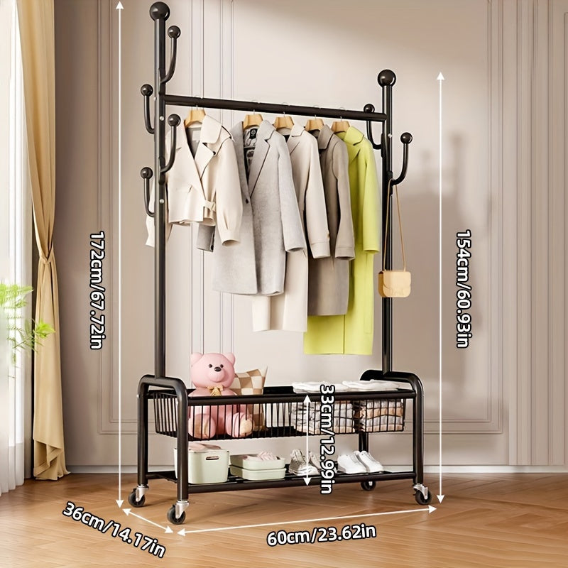 Multifunctional Rolling Coat Rack with 6 Hooks & Shelf - Strong Metal Construction, Perfect for Hanging Clothes, Jackets, Skirts, Coats, Scarves - Sleek Black Finish