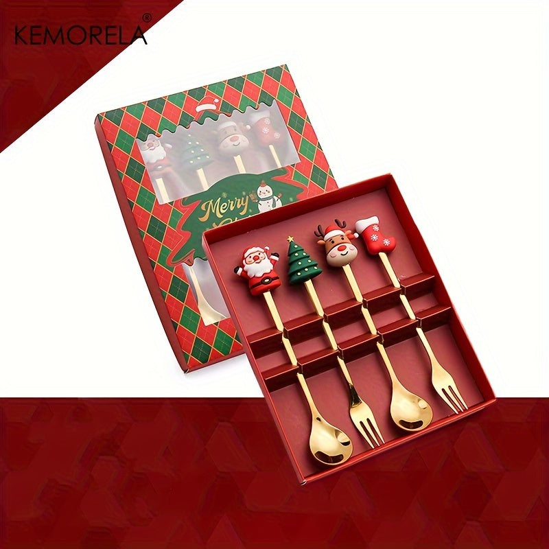 KEMORELA 4/6pcs Stainless Steel Mini Fork and Spoon Set with Q Version Cartoon Design for Christmas and Halloween festivities. Perfect holiday gift.