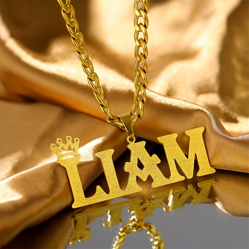 Customize your own name necklace with a crown pendant, plated in 18K gold. The necklace features a stainless steel 5mm Cuban chain in a hip hop classic style. The nameplate is detachable and comes with an extra stainless steel 5mm Cuban chain for both