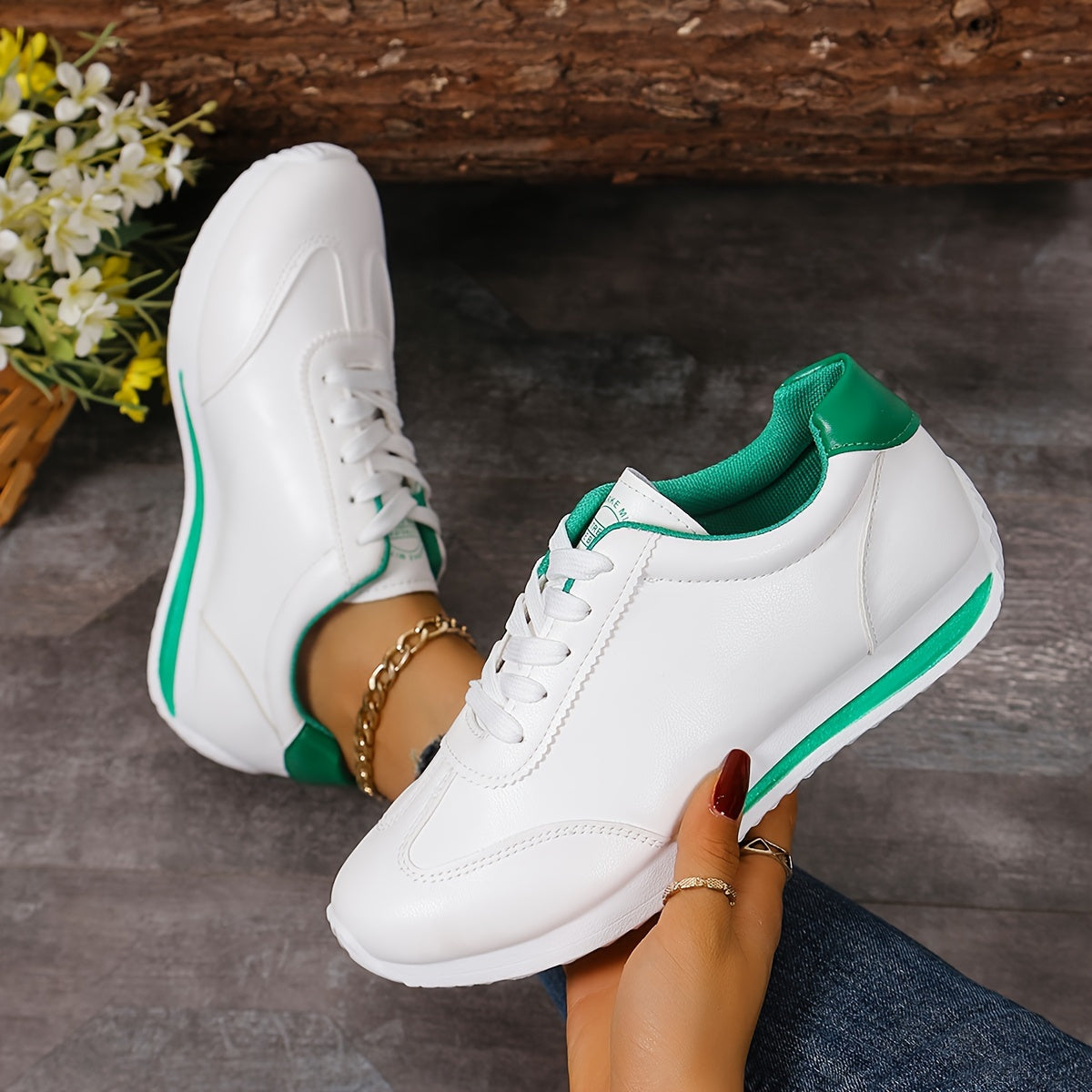 Women's casual sneakers with solid color, lace-up platform, soft sole, and non-slip running trainers.