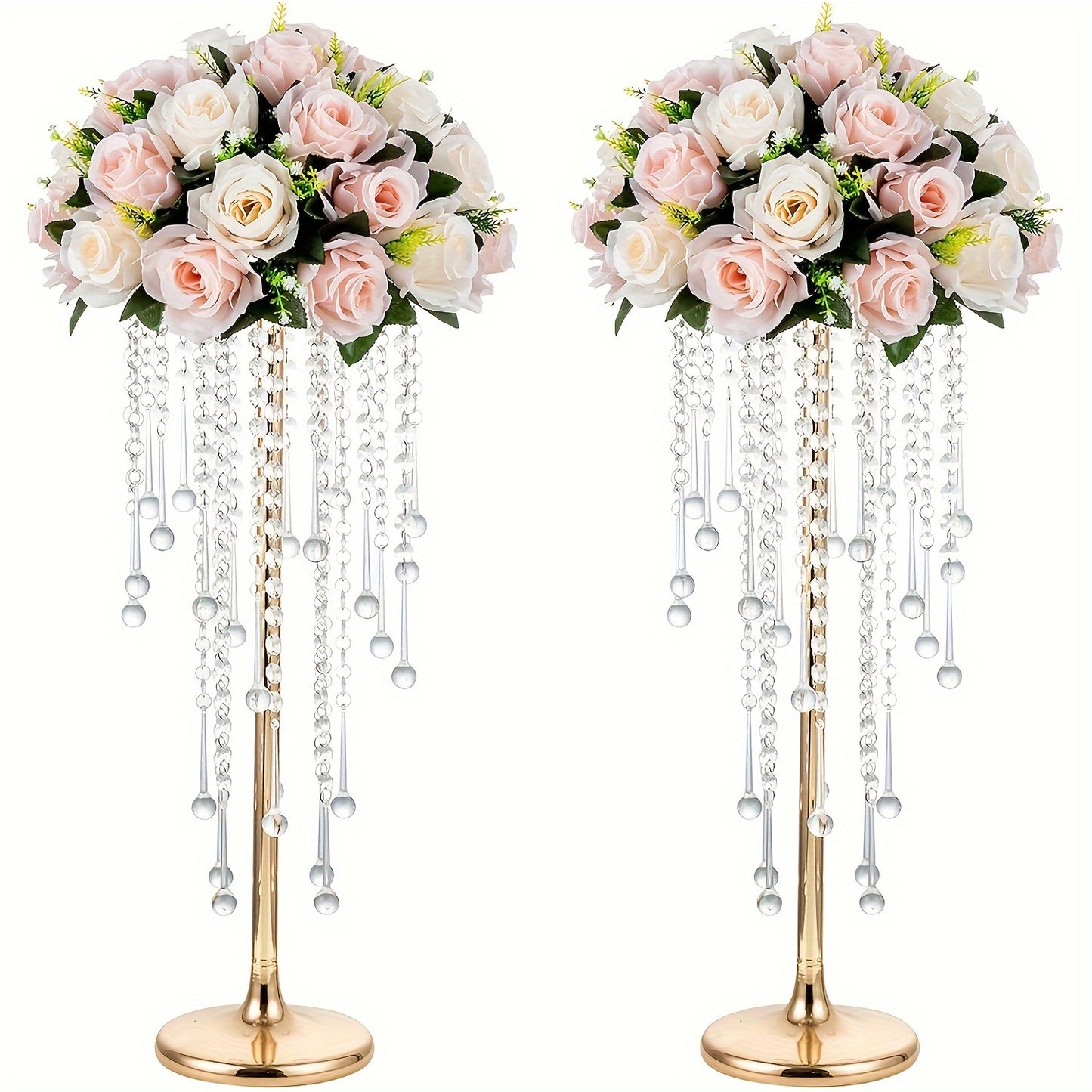 2 crystal flower stands for wedding centerpieces, metal holders for tabletop flower arrangements at reception ceremonies.