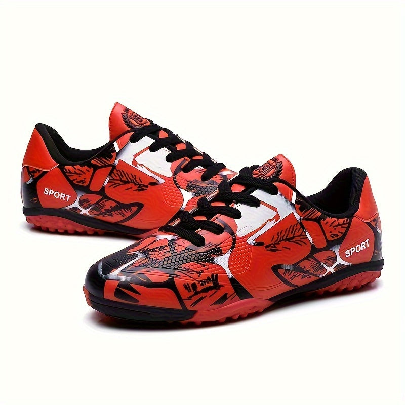 Men's youth soccer cleats in black & red, lace-up with rubber sole, EVA insole. Ideal for training and casual play. Soccer shoes with lace-up cleats and rubber base.